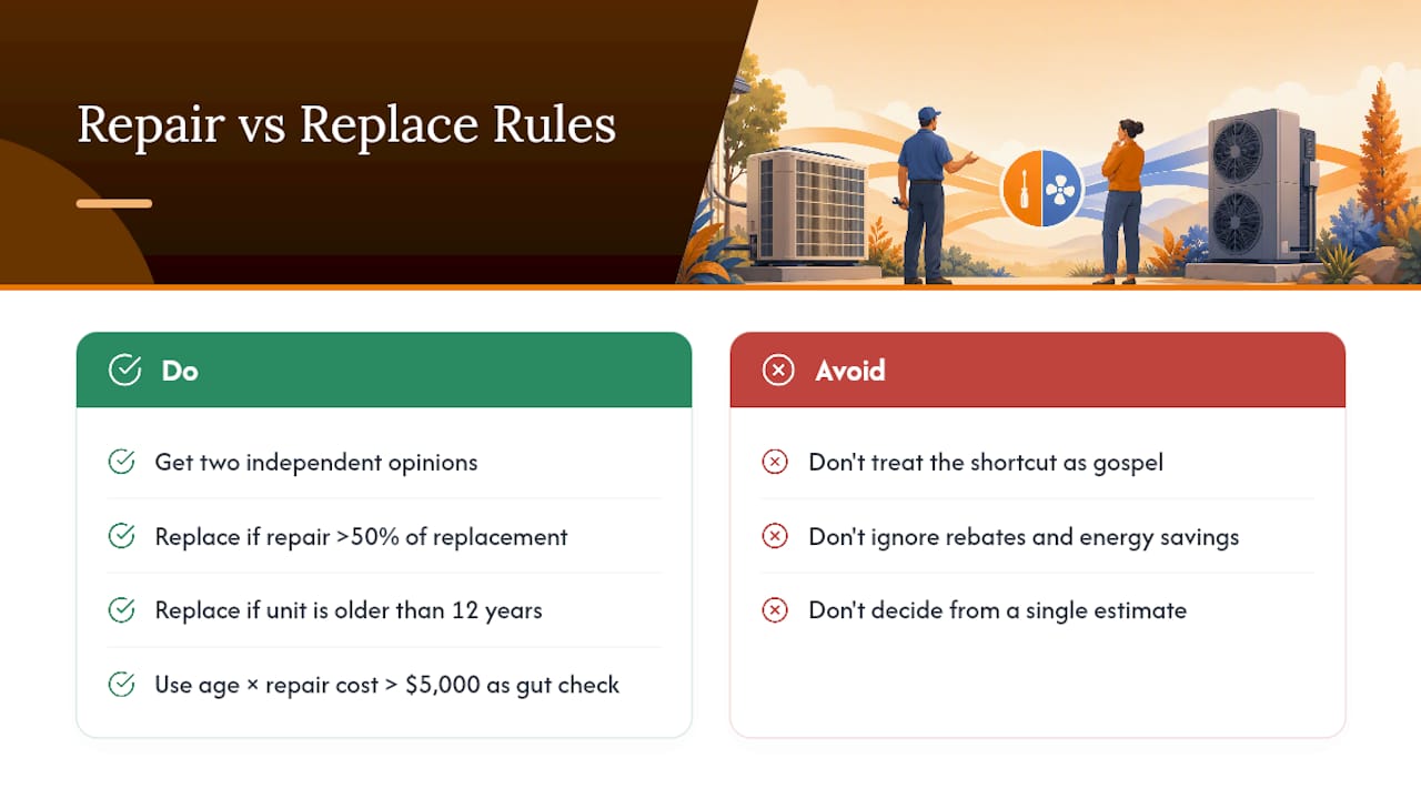 Diagram comparing HVAC repair and replacement factors