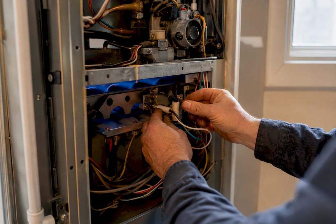 Technician hands repairing furnace ignition parts