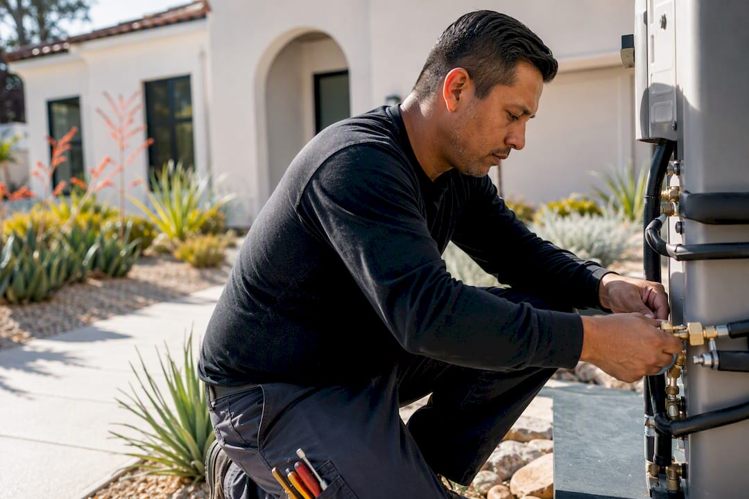 Technician installing heat pump unit outside home