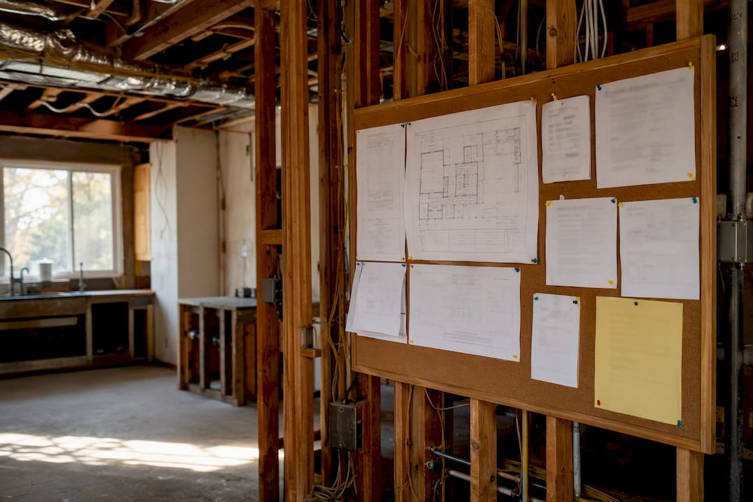 Kitchen remodel construction site with permits and framing