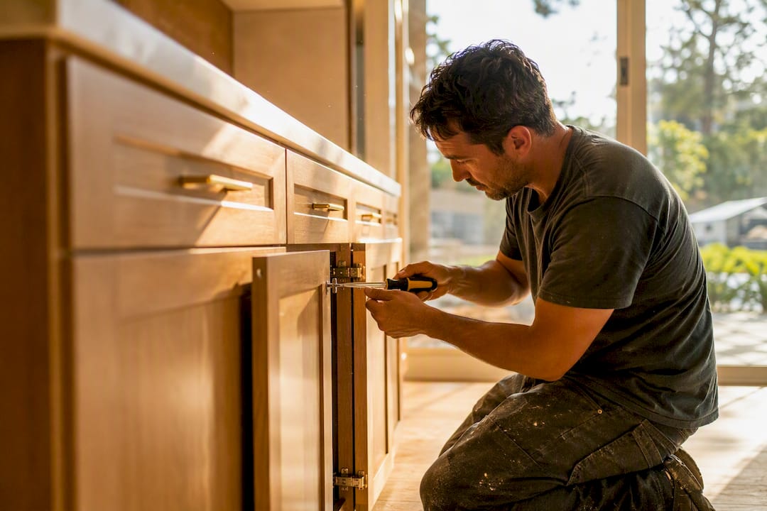 Hands installing semi-custom kitchen cabinet doors