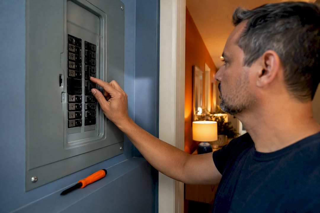 Homeowner checking a residential breaker panel