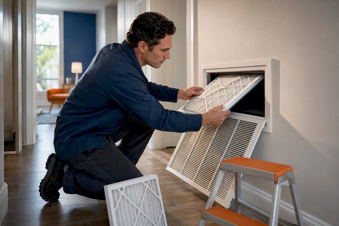 Hands replacing a residential AC air filter