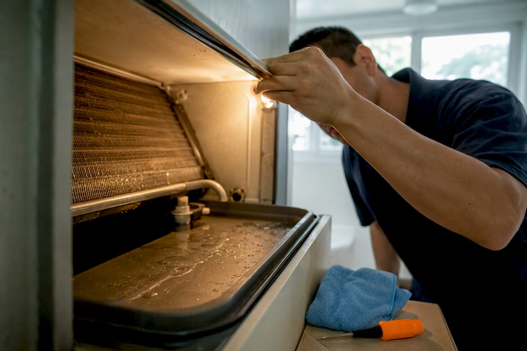 Technician inspecting an AC condensate pan