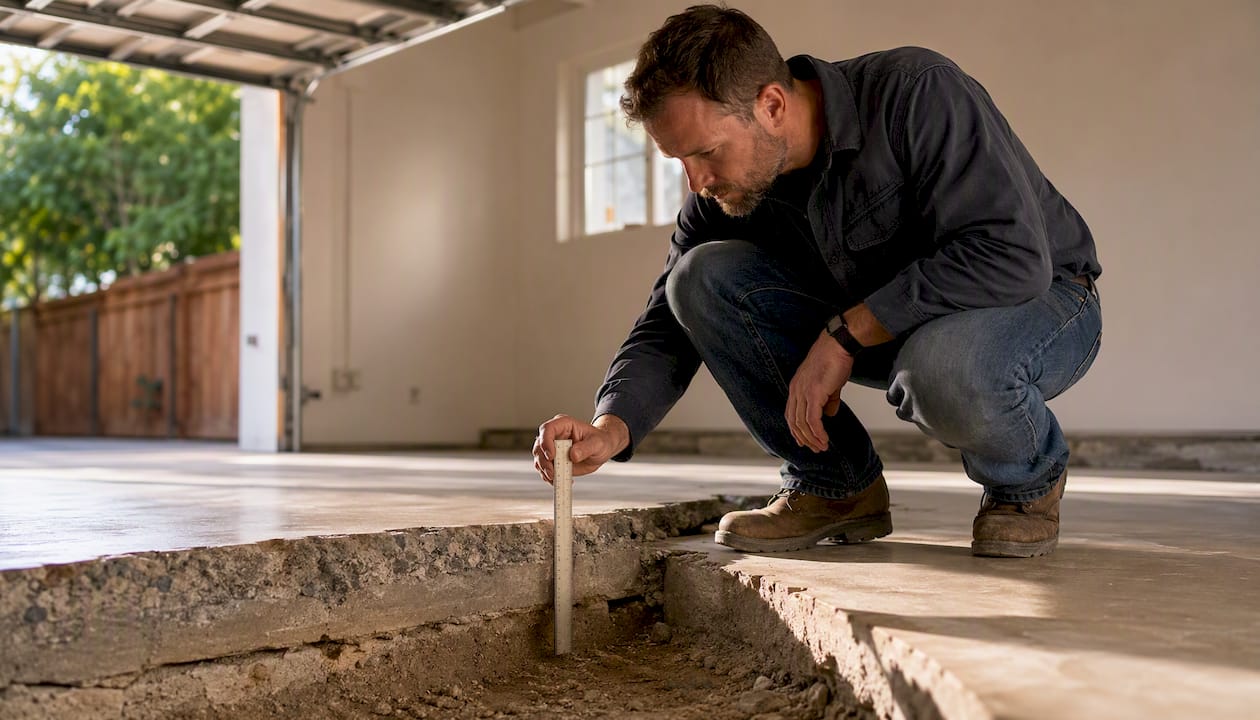 Inspector examining an older garage slab