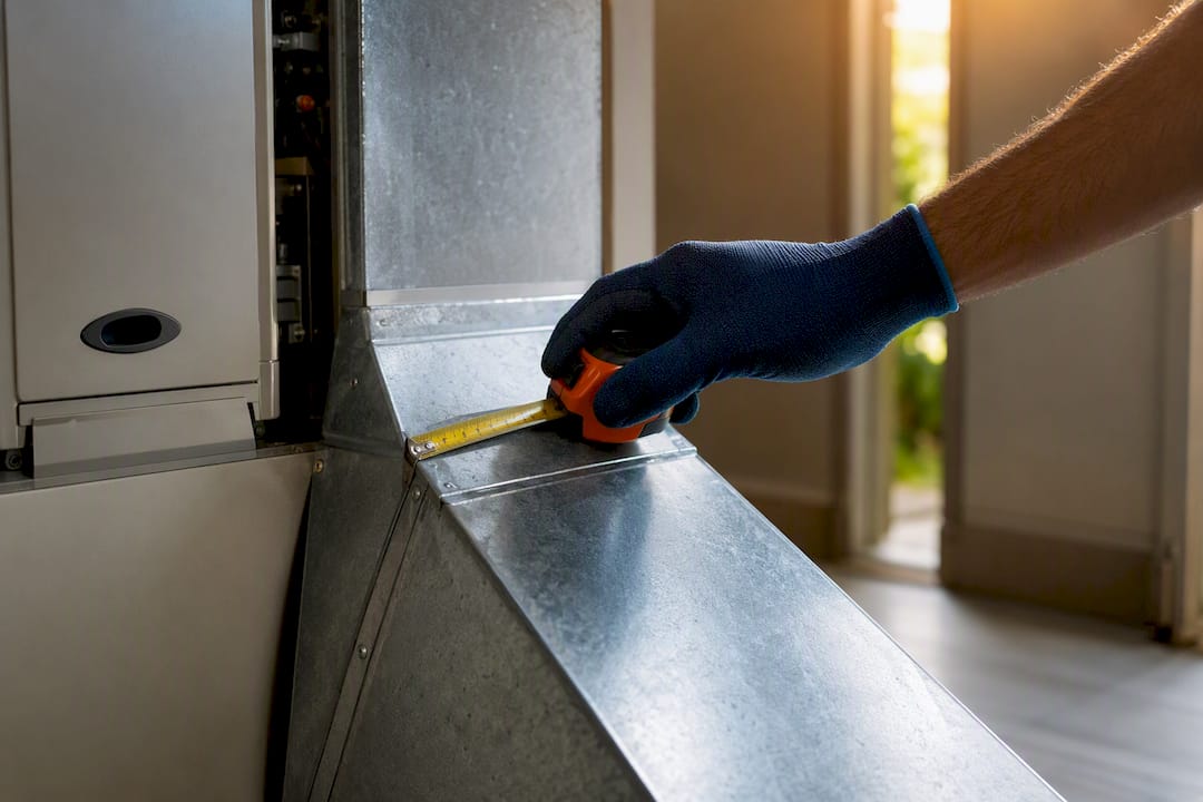 Contractor measuring residential HVAC ductwork