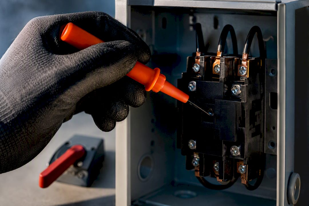 Technician inspecting AC contactor terminals