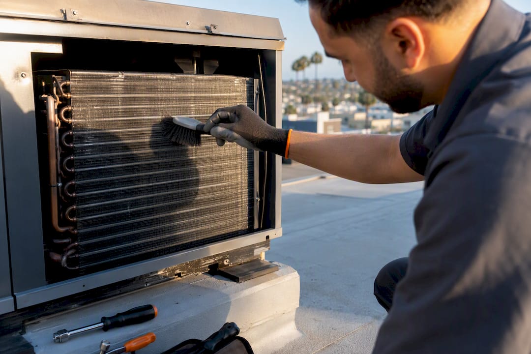 Technician cleaning heat pump coil