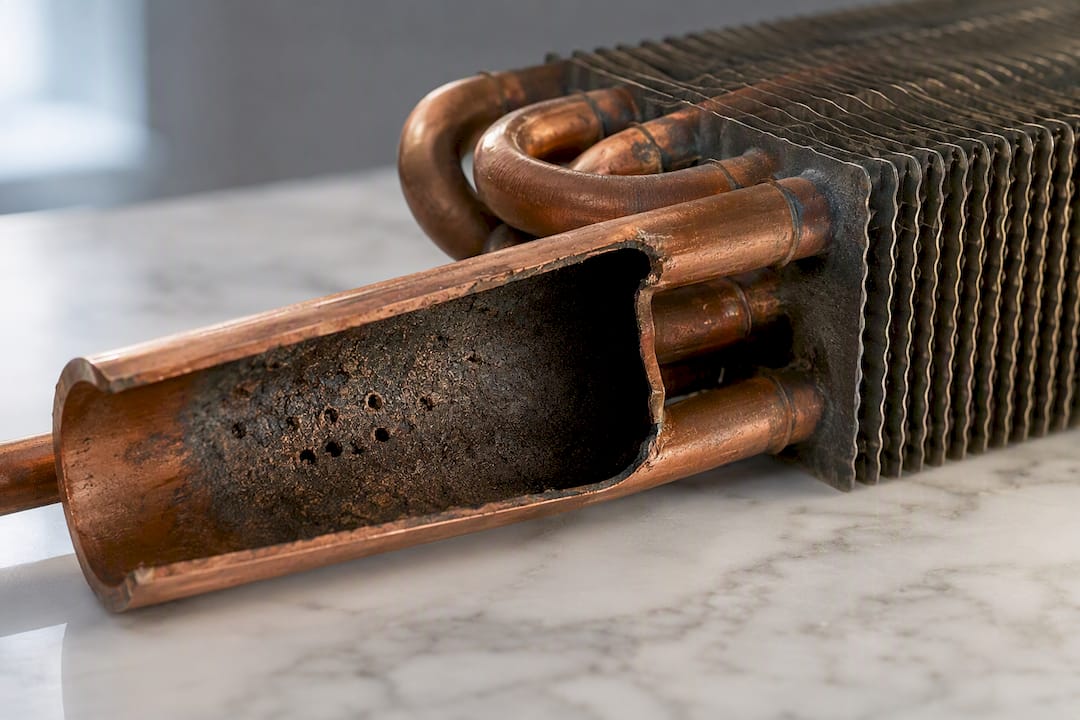 Illustration of corrosion causing copper coil pinholes