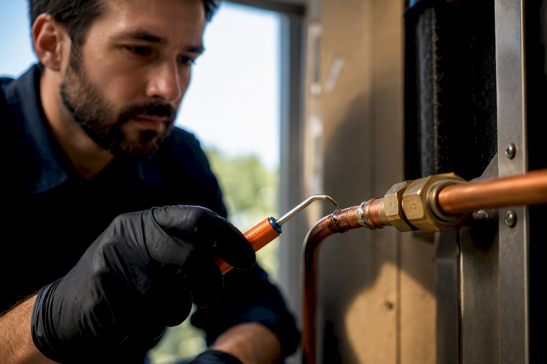 Technician inspecting copper refrigerant connection
