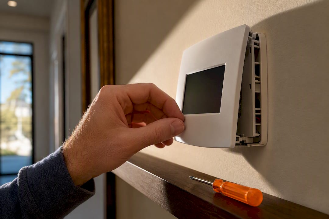 Hand checking a blank wall thermostat