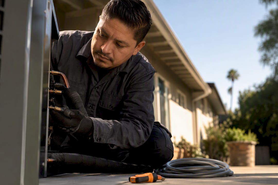Technician installing AC equipment at Los Angeles home