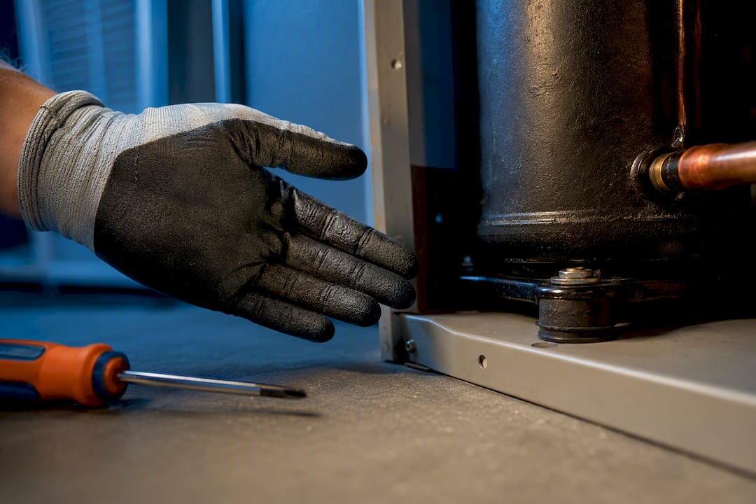 Technician inspecting an AC compressor housing
