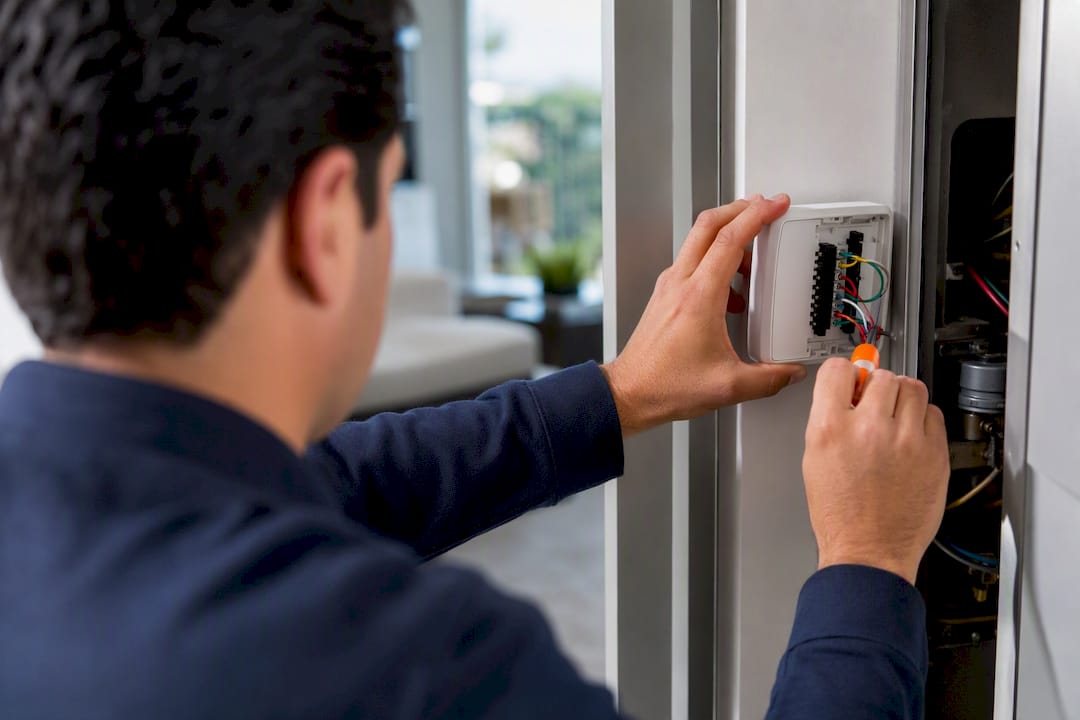 Technician inspecting anonymous thermostat wiring