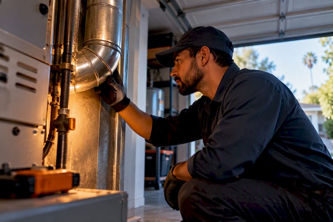 Technician inspecting a gas furnace vent