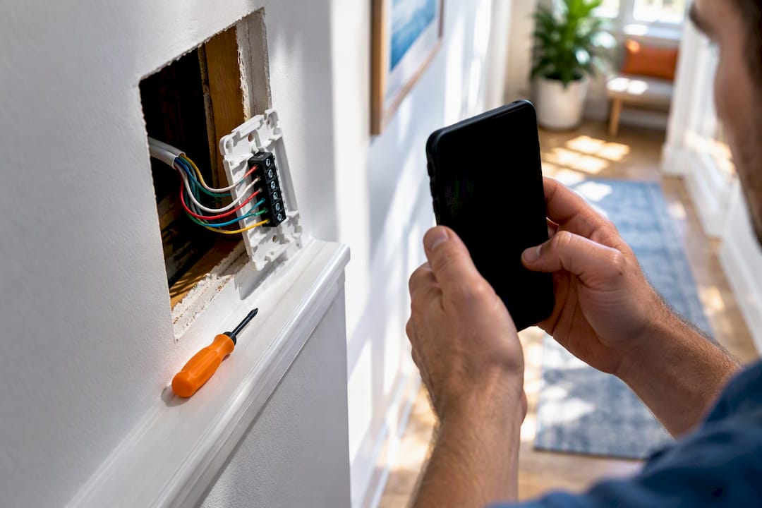 Homeowner photographing thermostat wiring connections