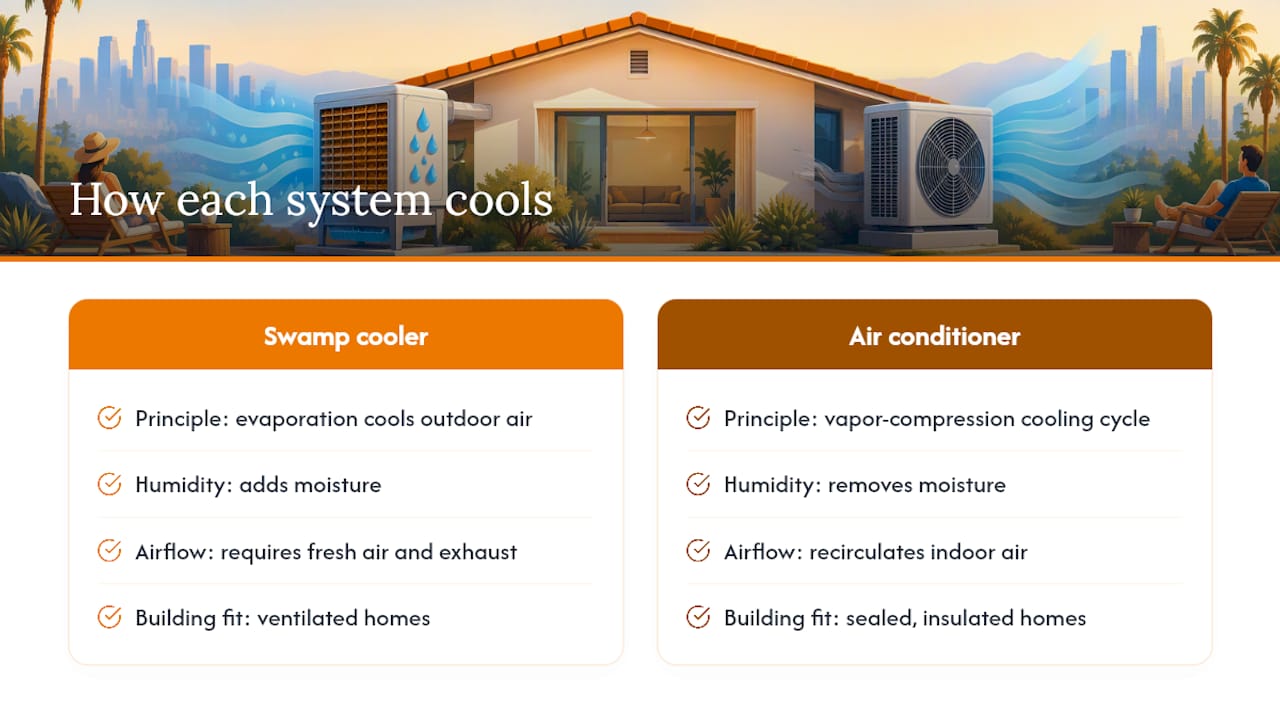 Evaporative Cooler vs AC: How Each System Actually Cools Air — overview diagram