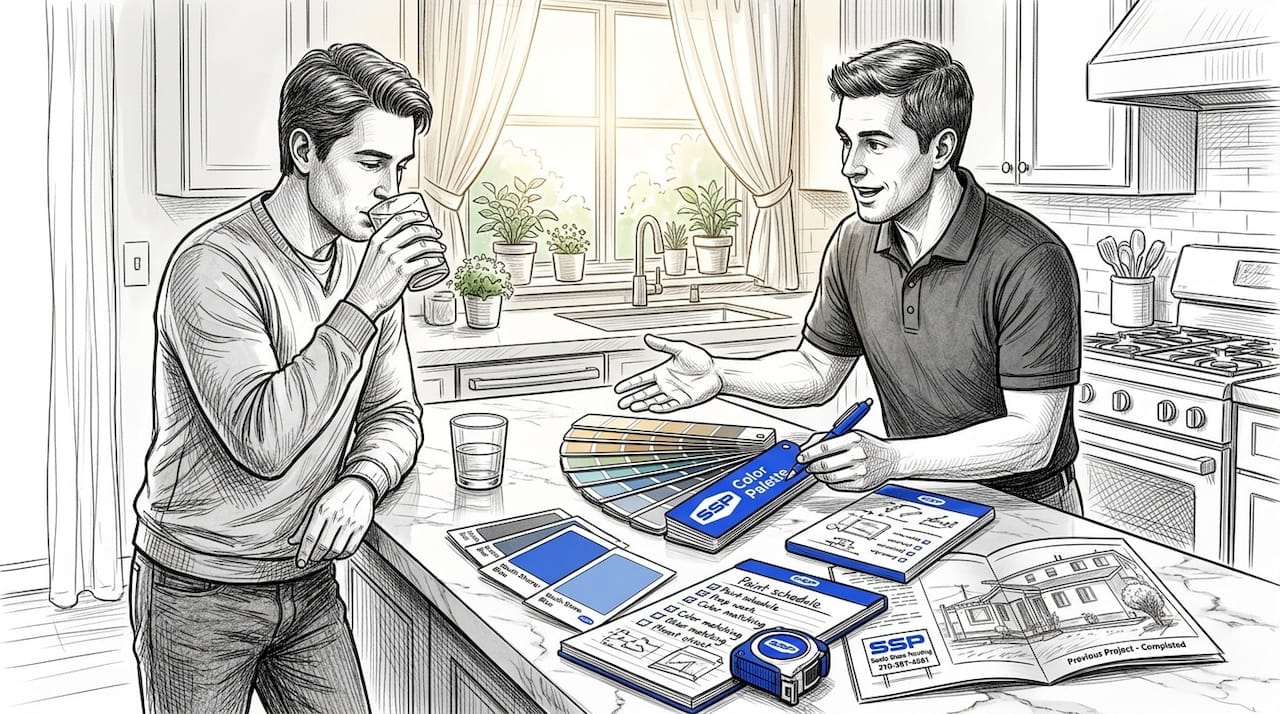 Painter and homeowner reviewing color swatches together