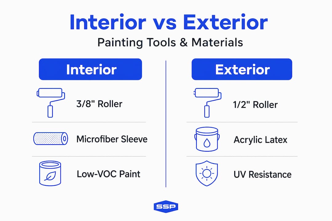 Infographic comparing interior and exterior painting tools