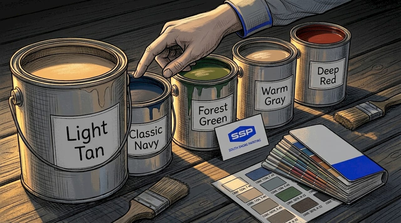 Open deck paint cans with color samples