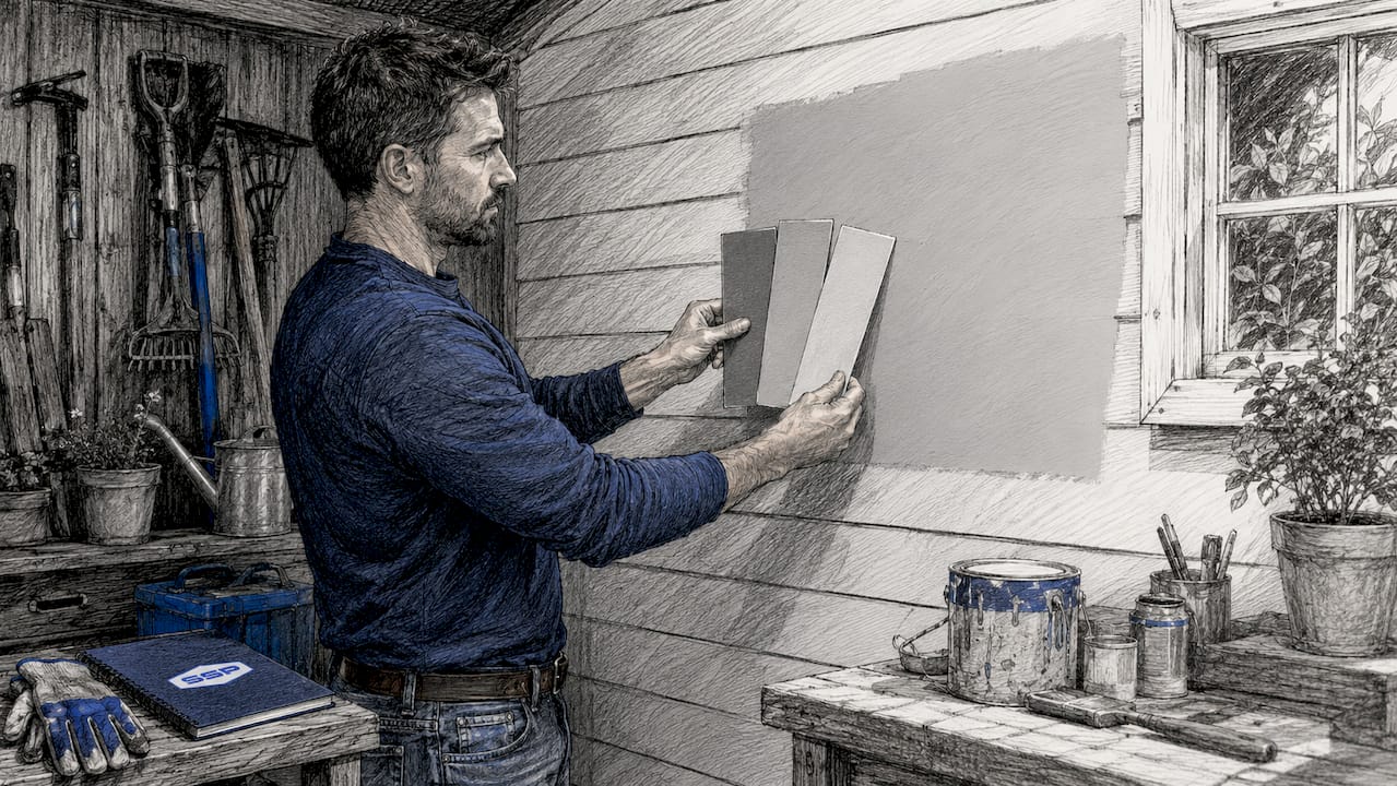 Man comparing exterior paint color swatches on wall