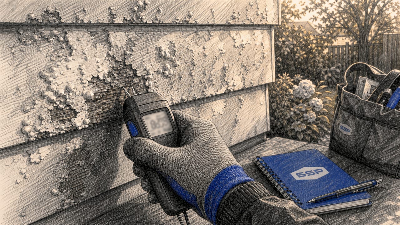 Close-up of paint blisters with moisture meter on exterior wood wall.