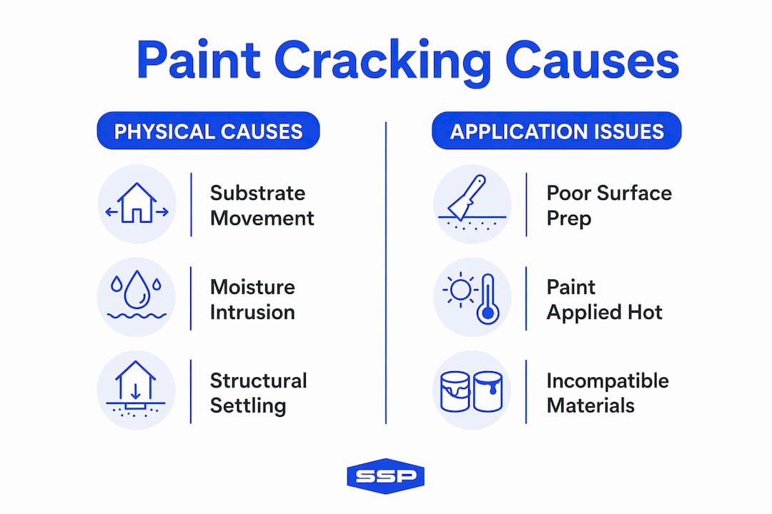 Infographic illustrating main causes of paint cracking in two categories
