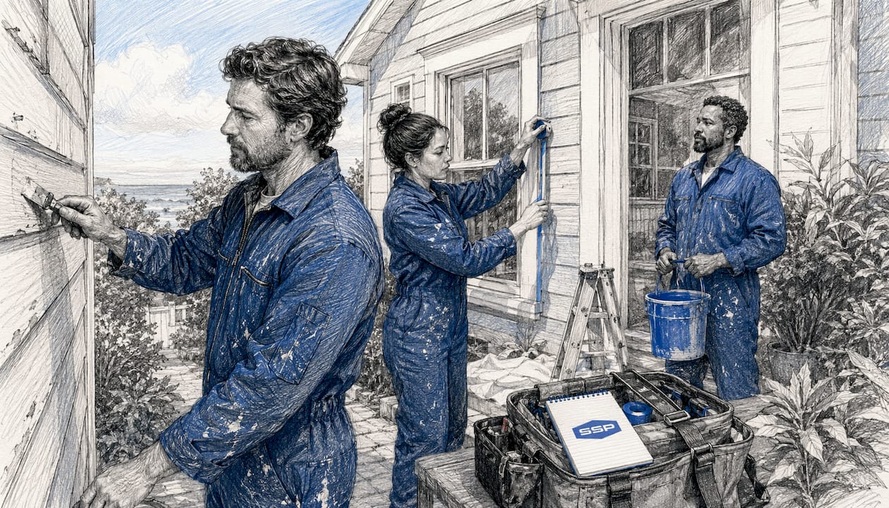 Painters preparing residential house exterior surface in South Bay