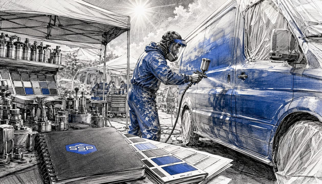 Technician painting commercial vehicle inside Maaco workshop