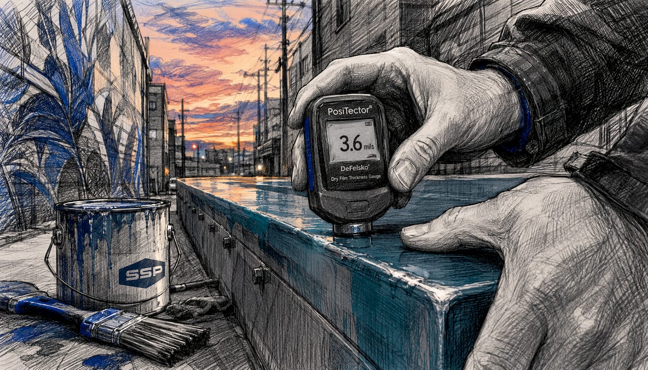 Hands measuring paint thickness on metal
