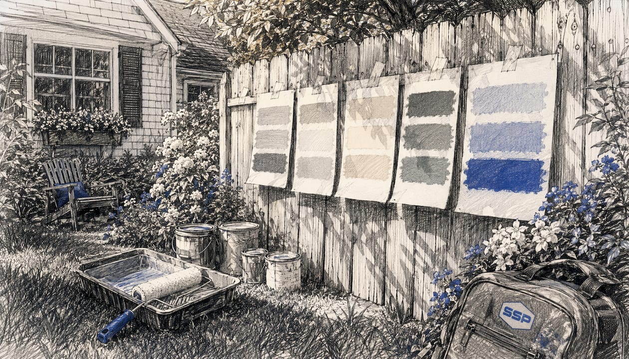 Overhead view of exterior paint color samples on house siding