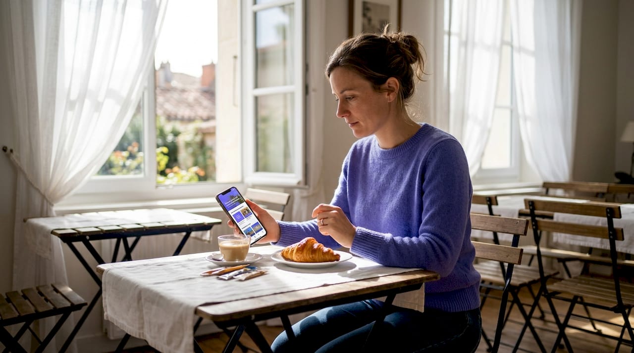 Un client consulte le livret d’accueil numérique sur son smartphone.