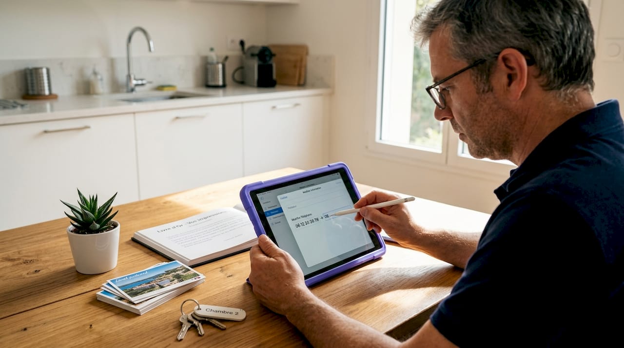 Le propriétaire met à jour le livret d’accueil numérique directement sur sa tablette.