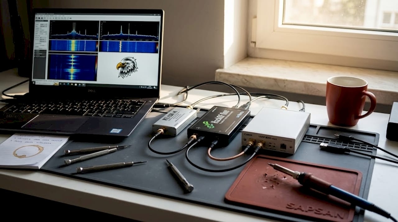 Workbench equipped with three SDR devices and a laptop.