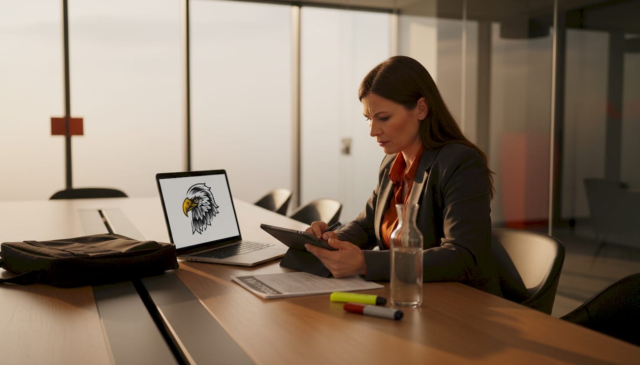 A security specialist updates the security checklist during a meeting in a conference room.