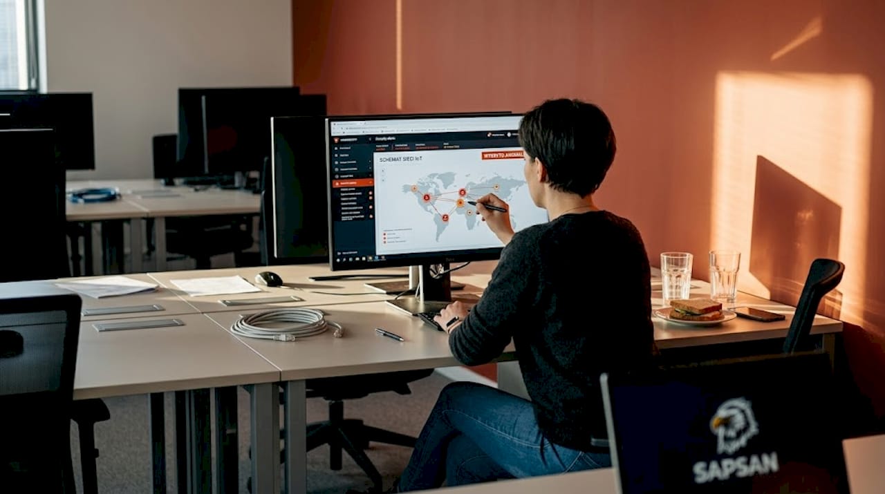 A security expert analyzes risks related to IoT devices while working at her computer.