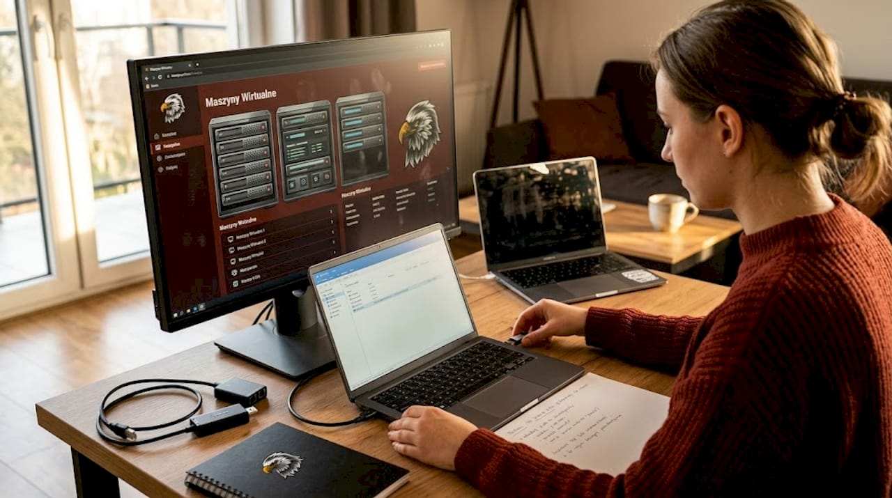 Woman configuring virtual machines for penetration testing.