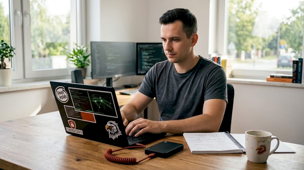 Pentester pracujący na laptopie z Linuksem w domowym biurze