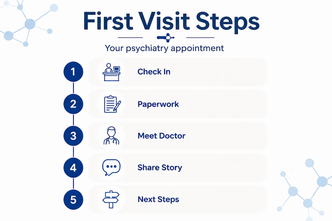 Infographic showing first psychiatry visit steps