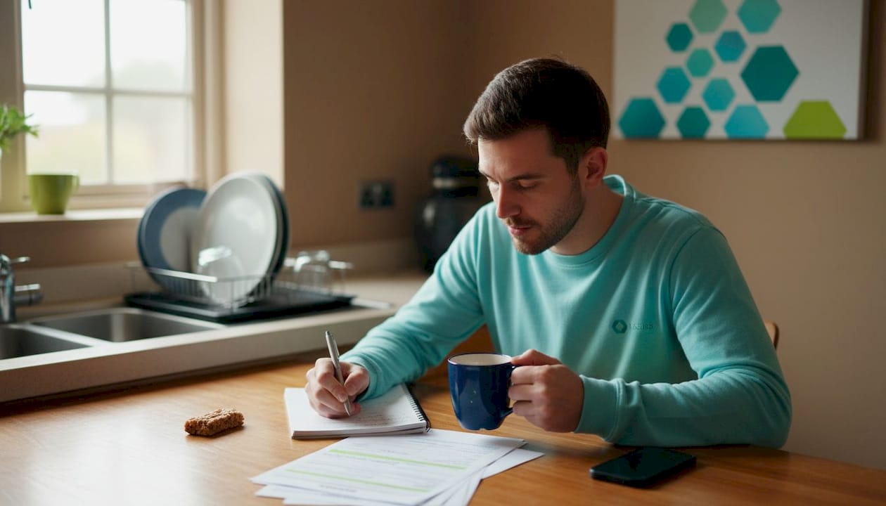 Man writing mental health notes at home