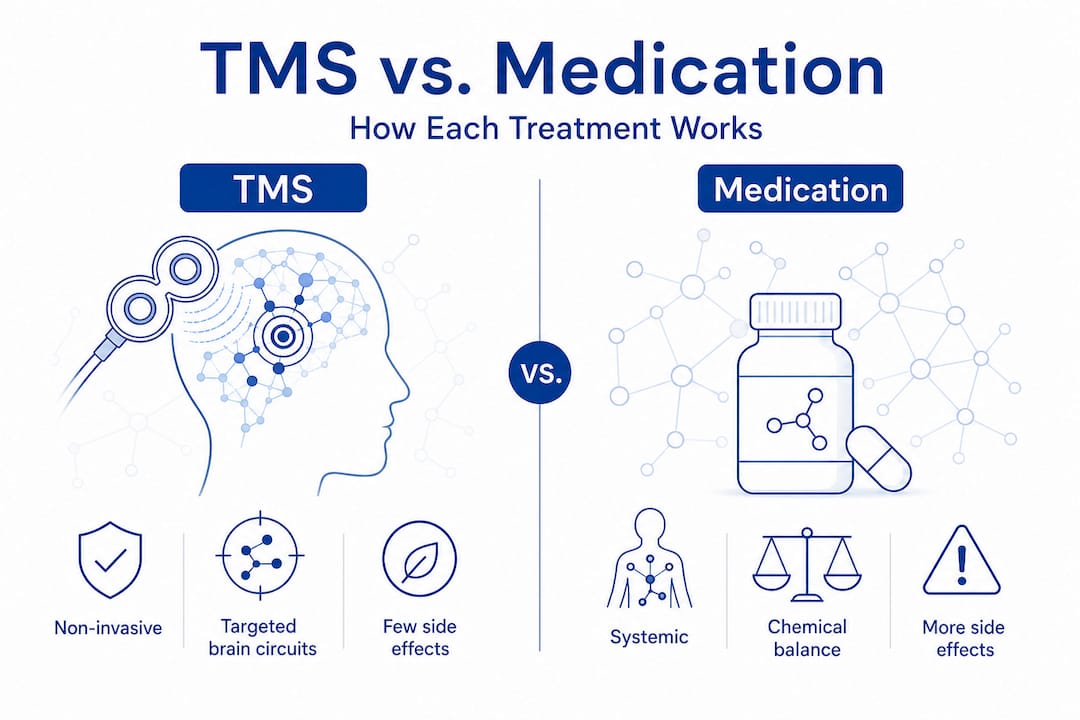 Infographic comparing TMS therapy and antidepressant medication
