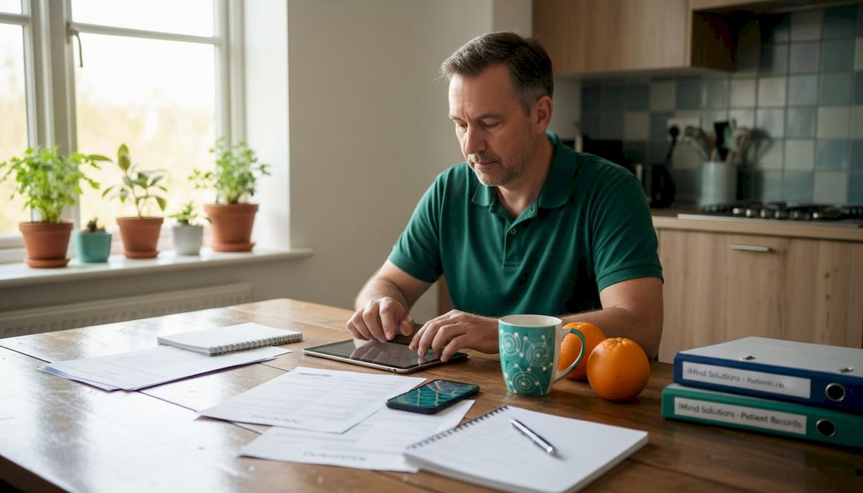 Man handling insurance forms at kitchen table