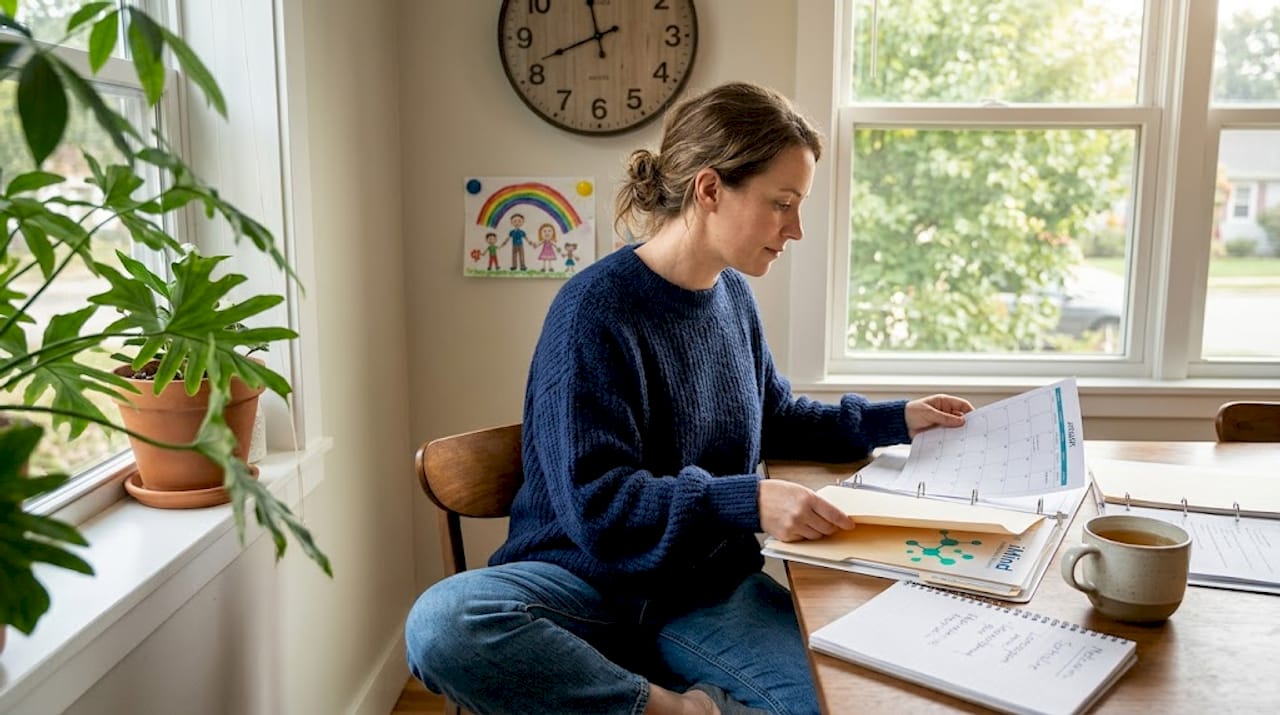 Woman organizes documents before therapy session
