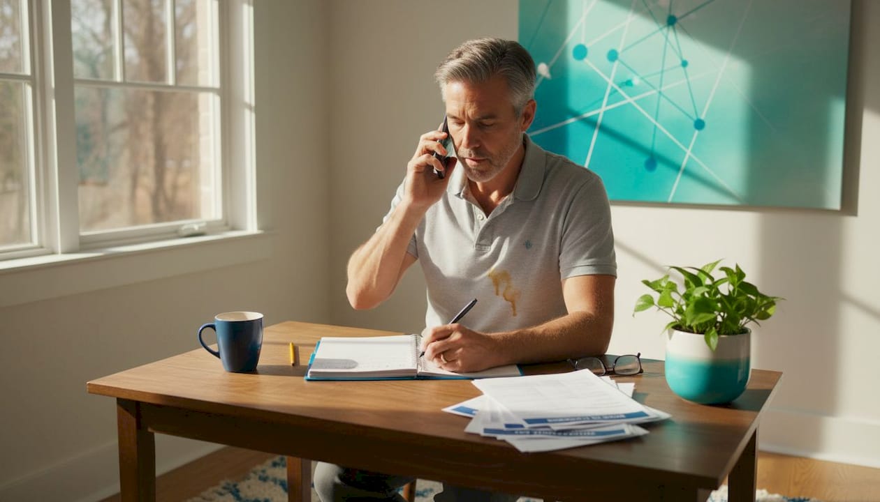 Man recording phone conversation notes at home