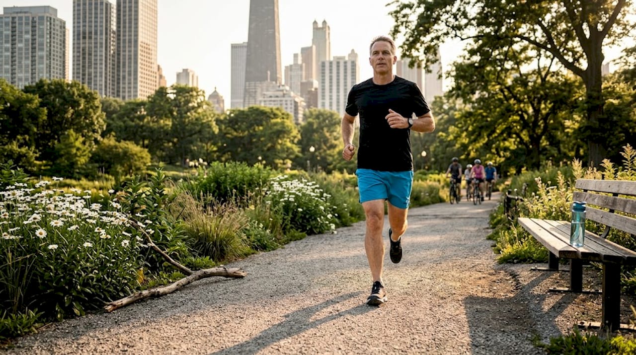 Man walking in urban park for wellness