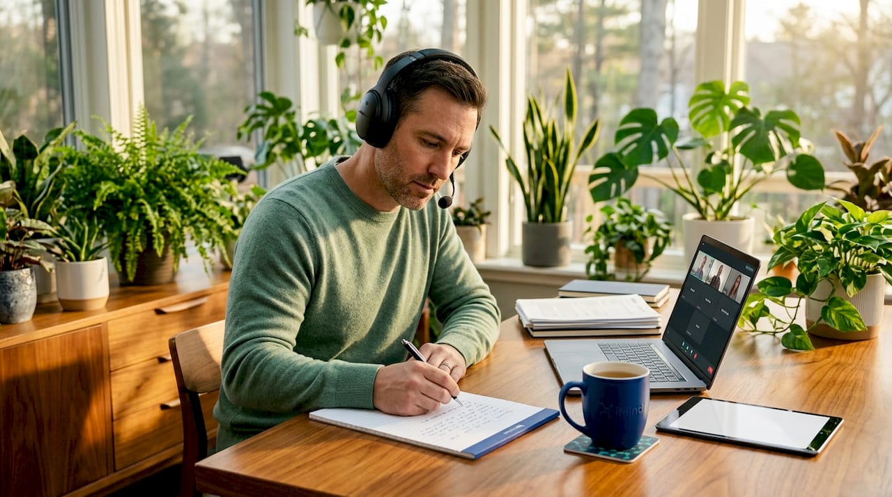 Man using noise-canceling headphones for telehealth