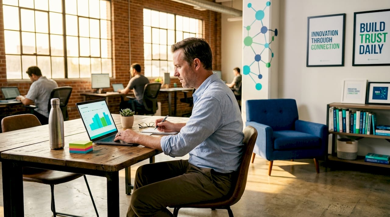 Man reviewing chart on laptop in office