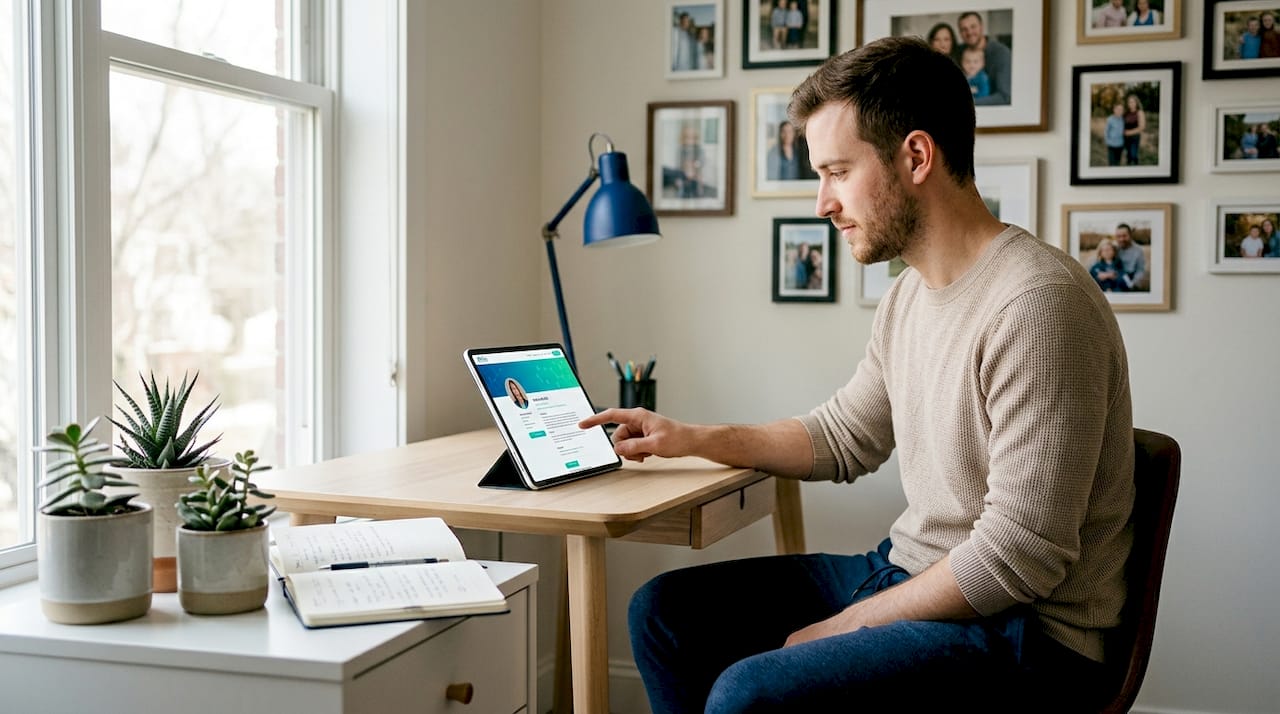Man checking therapist credentials on tablet at home