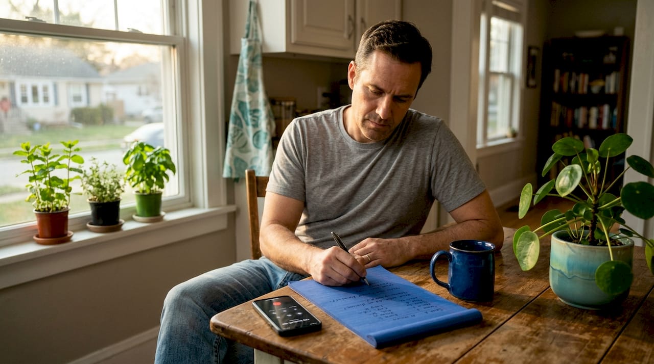 Man taking notes after therapist consultation call