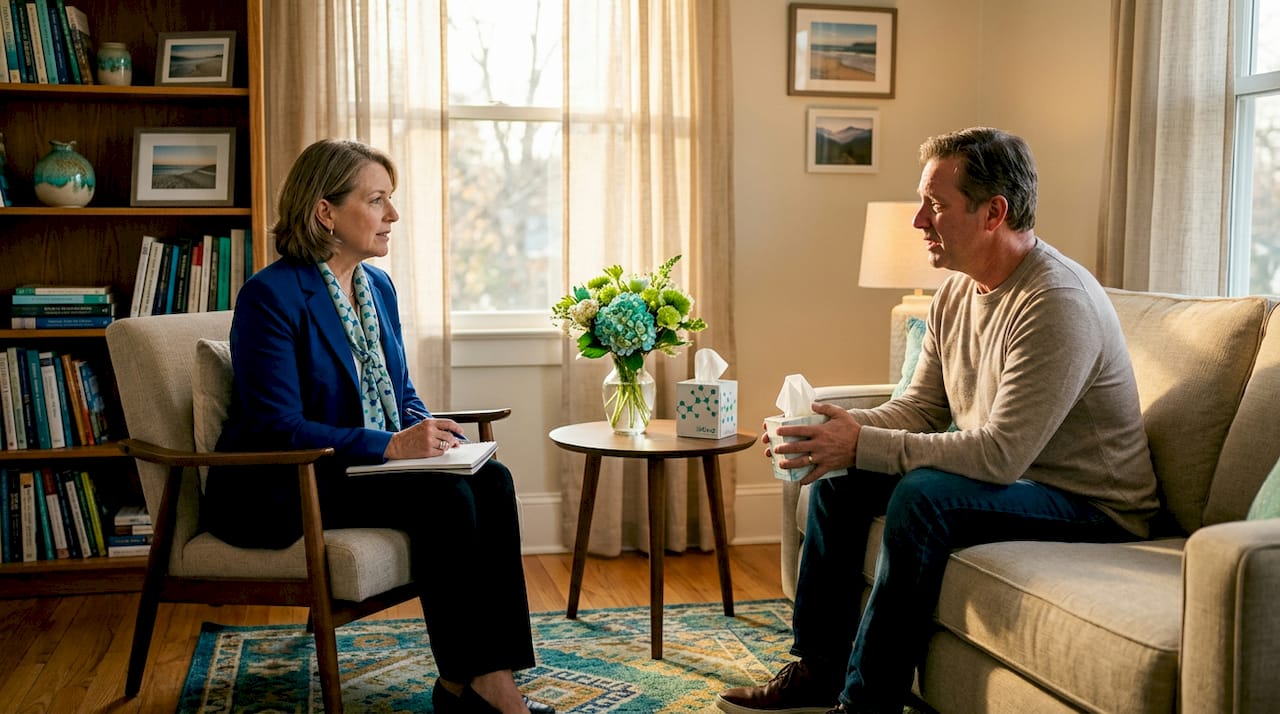 Therapist and client talk in therapy room